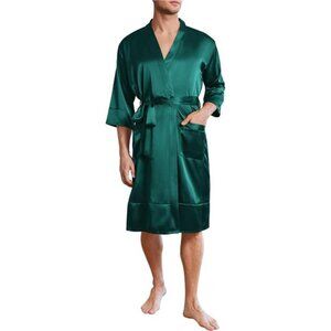 Men’s Green Lightweight Silky Satin Robe Kimono Bathrobe 3/4 Sleeve with Pockets